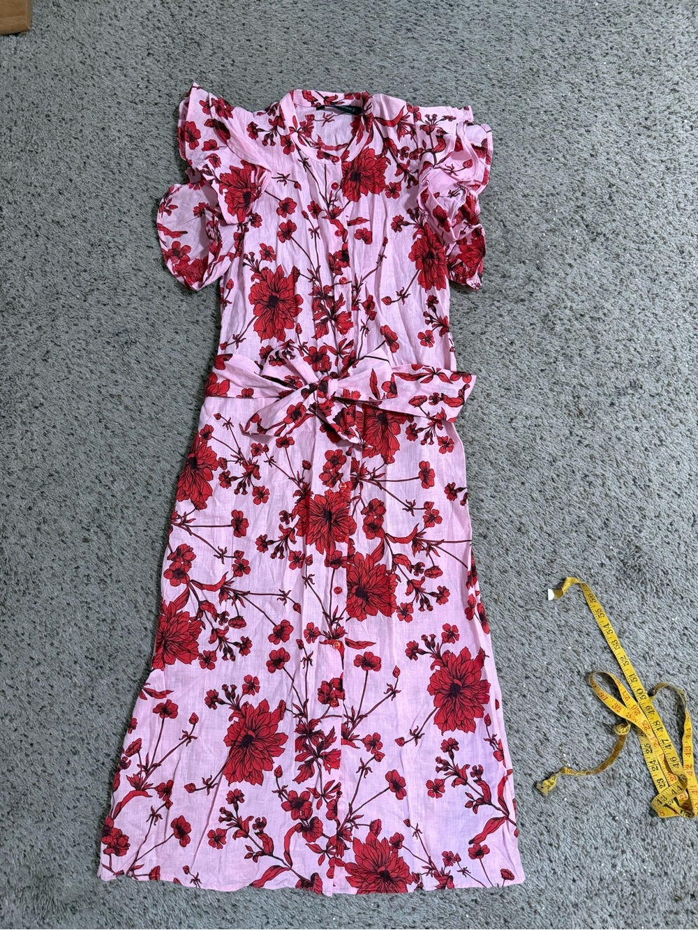 Zara Woman Pink & Red Flora Ruffle Sleeve Midi Shirt Dress